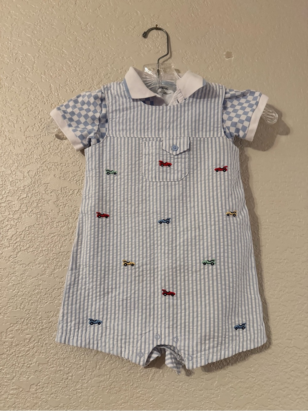Blue & White Striped Baby Romper with Embroidered Cars